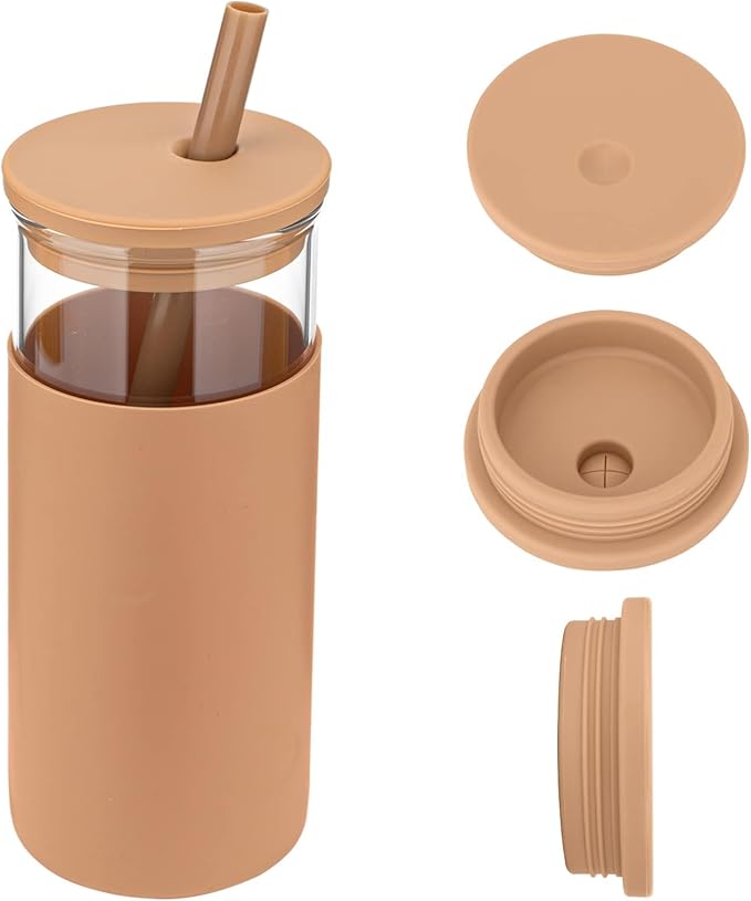 Tronco 20 oz Glass Tumbler With Lids and Straws, Reusable Smoothie Cups With Silicone Lid, Iced Coffee Cup With Silicone Protective Sleeve, Dishwasher Safe- BPA Free（Coffee 1 Count）