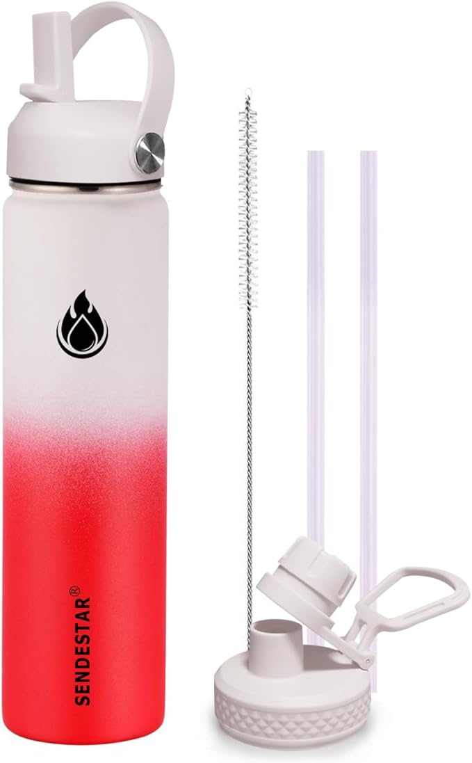 SENDESTAR Stainless Steel Wide Mouth Water Bottle 24oz Double Wall Vacuum Insulated Leak Proof Bottle with New Flex Straw Lid & Spout Lid