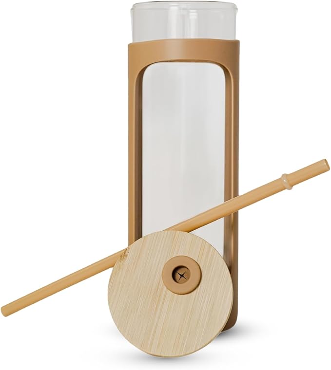 haelo 20oz Glass Tumbler Water Bottle, Iced Coffee Cup with Straw, Silicone Protective Sleeve, Bamboo Lid Reusable BPA Free (Amber)