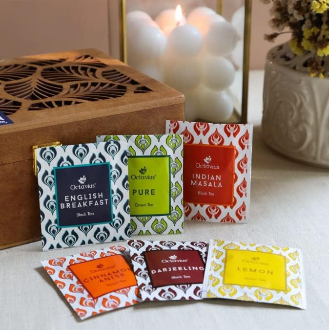 Octavius Tea Gift Set - Assorted Black & Green Tea Bags in Wooden Box | 6 Flavors, 90 Count | Premium Tea Sampler for Women & Men | Wellness Gift, Holiday, Birthday, Office, Corporate Gifting