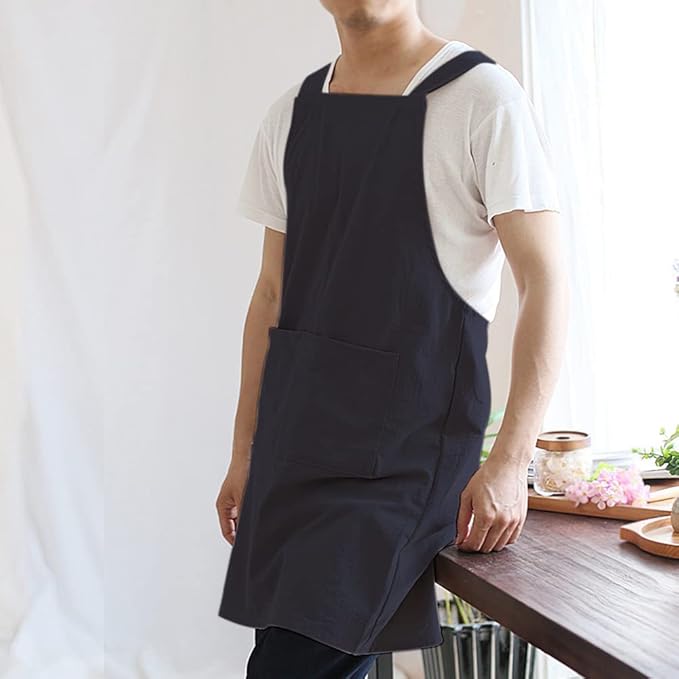 NEWGEM Japanese Linen Cross Back Cooking Aprons for Women Men with Pockets Cute for Baking Kitchen