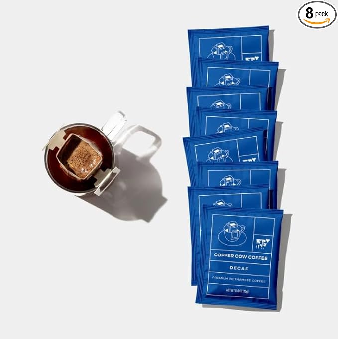 Copper Cow Coffee Pour Over Single-Serve Vietnamese Coffee Pouches (8 pack) | Decaf | Dark Roast | Convenient Vietnamese Ground Coffee Packets