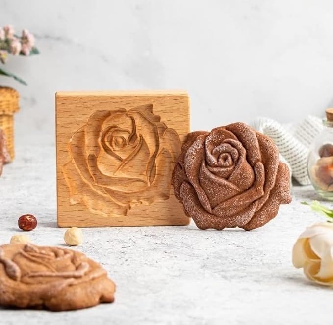 Wooden Cookie Mold - Biscuit Baking Cutter, Carved Embossing Stamp for DIY Shapes, Gingerbread, Pine Cone (Rose)