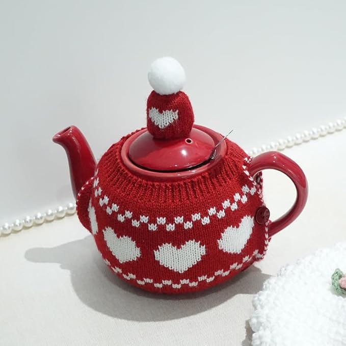 Tea Cozy Suitable for a 600ml,20oz Tea Pot,Teapot Warmer -100% Acrylic Fibers Filling,Two Piece (RED Heart-Shaped)