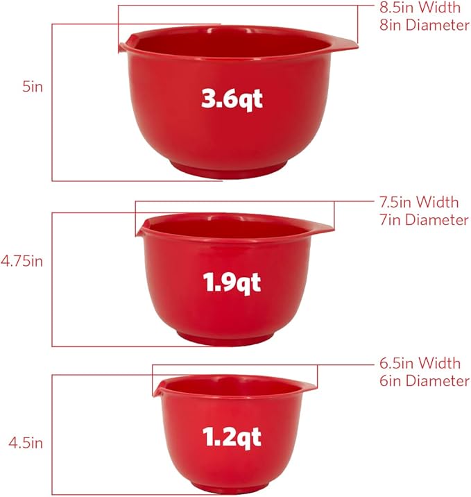GLAD Mixing Bowls with Pour Spout, Set of 3 | Nesting Design Saves Space | Non-Slip, BPA Free, Dishwasher Safe Plastic | Kitchen Cooking and Baking Supplies, Red