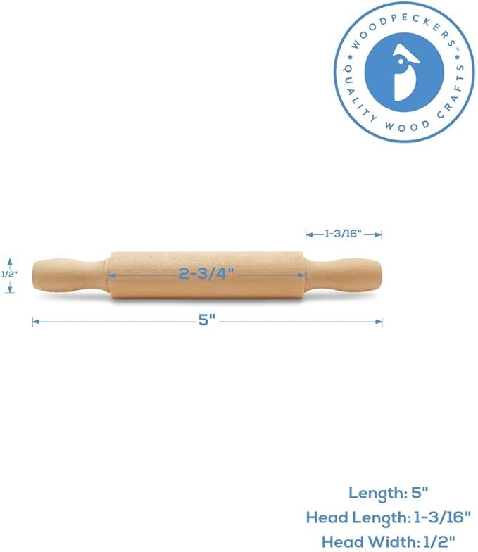 Wooden Mini Rolling Pin, 5 Inches Long, Pack of 6, Great for in The Kitchen, Play-doh, Crafting and Imaginative Play, by Woodpeckers