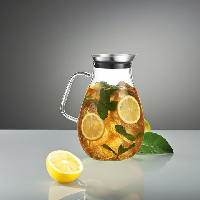 MITBAK 84- OZ Glass Pitcher With Stainless Steel Lid | Beautiful Lightweight Beverage Jug Carafe With A Wide Handle | Great For Cold & Hot Drinks Like Tea, Lemonade, Juice, Water, Coffee, Cold Brew