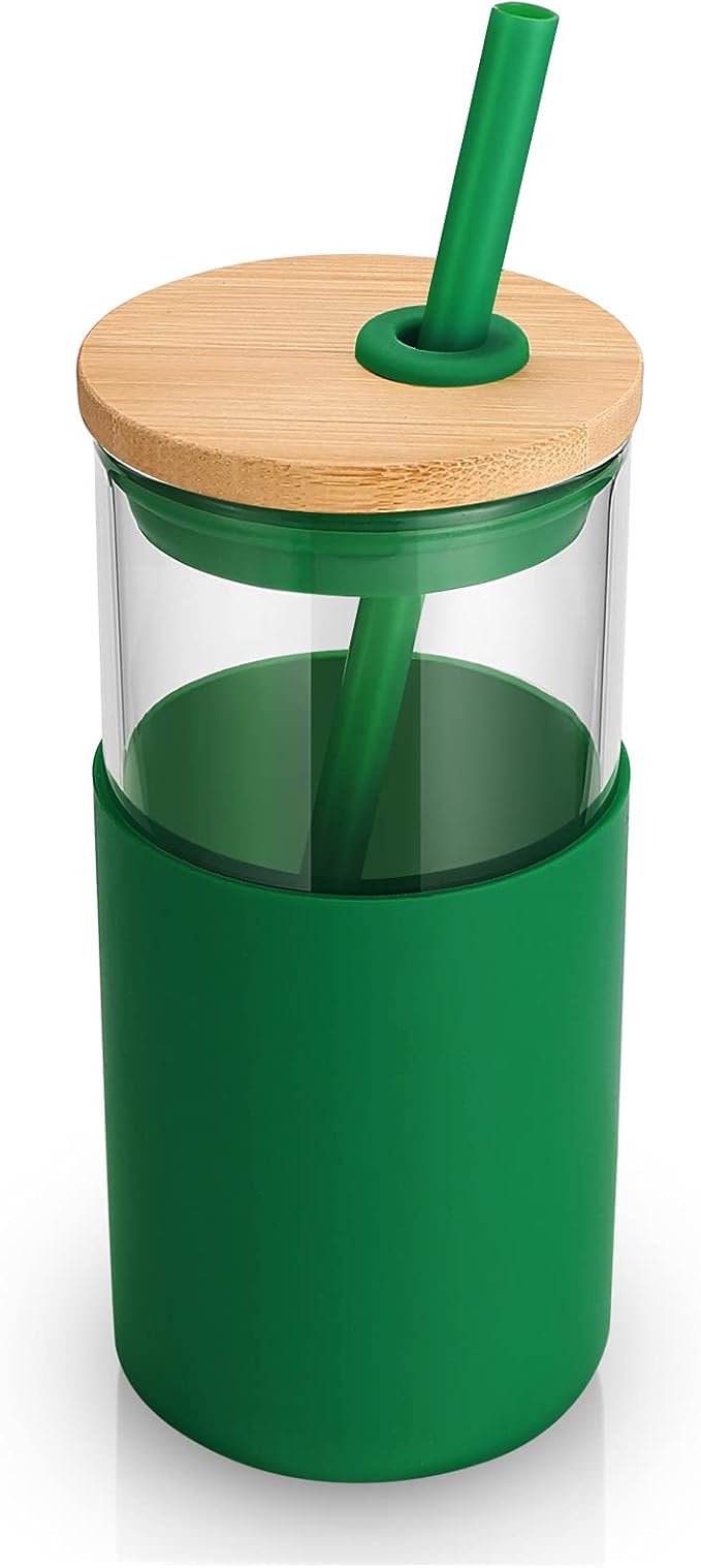 Tronco 16 oz Glass Tumbler with Straw and Bamboo Lid, Iced Coffee Cup Reusable, Smoothie Cups, Tumbler with Silicone Protective Sleeve - BPA Free