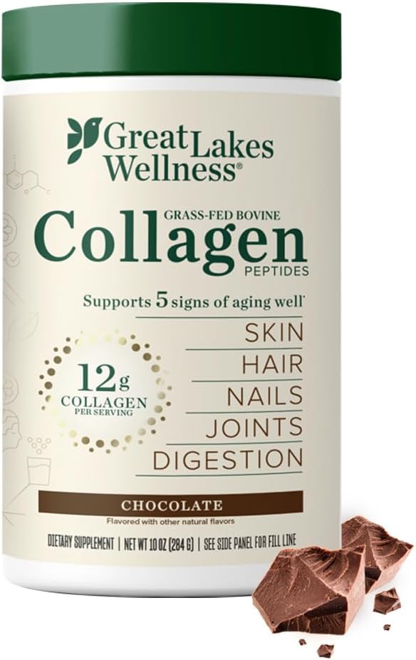Great Lakes Wellness Collagen Peptides Powder for Skin, Hair, Nails, Joints & Digestion - Chocolate Flavored - Quick Dissolve Hydrolyzed, Non-GMO, Kosher - 10 oz