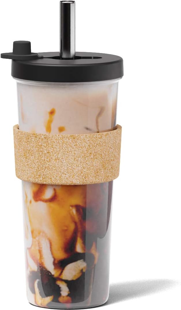Dodoko Reusable Boba Cup and Straw Boba Tea Cup Bubble Tea Cup Reusable Iced Coffee Cup Cold Coffee Cup Smoothie Cup with Lid and Straw Smoothie Cup to go Smoothie Tumbler 24 oz - Night Black