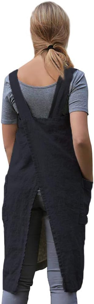 Women's Pinafore Square Apron Baking Cooking Gardening Works Cross Back Cotton/Linen Blend Dress with 2 Pockets