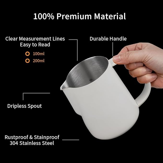watchget Milk Frothing Pitcher 250ml/8oz Stainless Steel Espresso Steaming Pitcher Milk Coffee Cappuccino Latte Art Barista Steam Pitcher Milk Frothing Jug, White