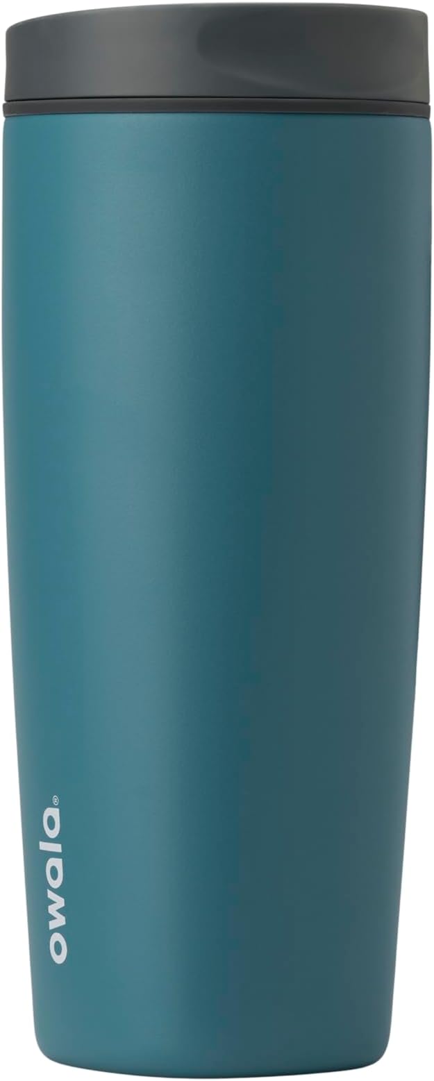 Owala SmoothSip Slider Insulated Stainless Steel Coffee Tumbler, Reusable Iced Coffee Cup, Hot Coffee Travel Mug, BPA Free 20 oz, Grey/Blue (High Dive)