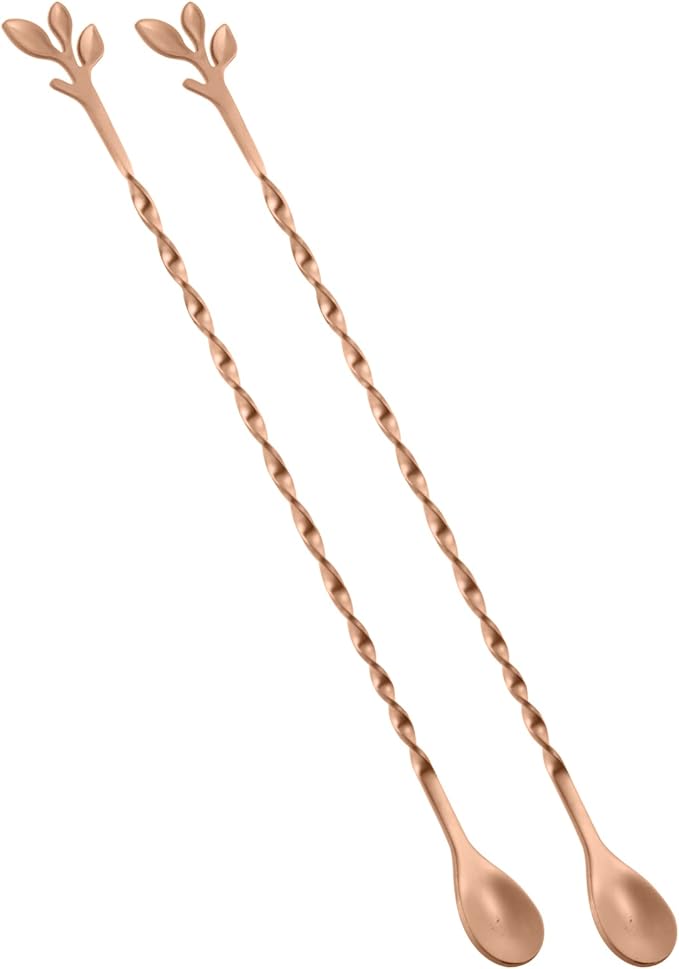 AnSaw Rose Gold 10-Inch Stainless Steel Cocktail Spoon with Leaf Handle - Perfect for Mixing & Layering Drinks in Tall Cups, Bar & Shakers - Durable Long Handle Bar Stirrer,2-Pieces