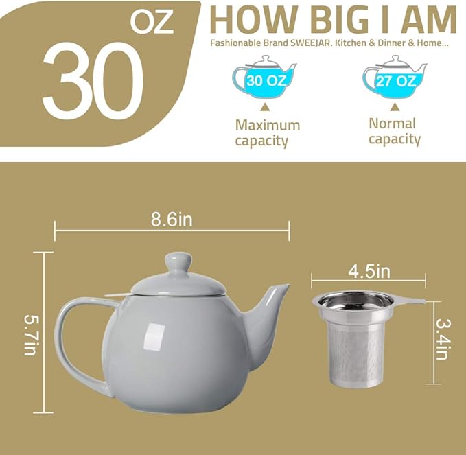 Sweejar Porcelain Teapot with Removable Stainless Steel Infuser,Microwave & Dishwasher Safe Tea Pots for Loose Tea,Tea Infuser Pots for Chrismas Women Gift (30oz Gray)