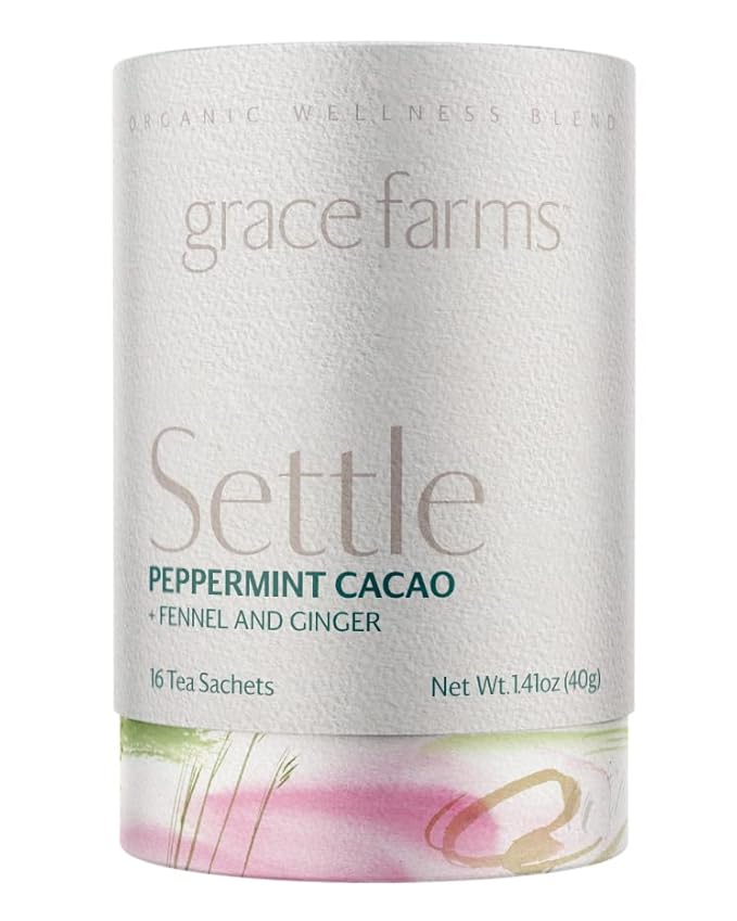 Grace Farms SETTLE Wellness Organic Tea Blend (16 Pyramid Sachets) | Peppermint Cacao | Relaxing and Digestive Support | Fairtrade and Kosher | Filled With Antioxidants and Stress-Relieving Herbs | Gives Back 100% of Profits
