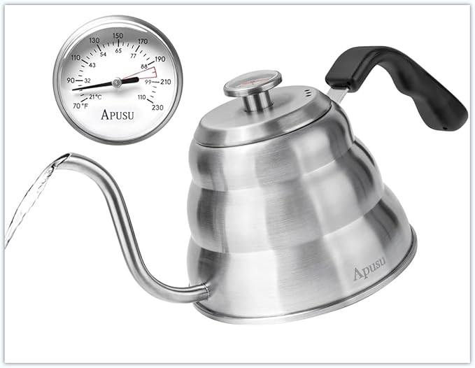 Pour Over Kettle for Manual Drip Coffee and Tea with Thermometer 28oz Gooseneck Kettle with Flow Control Stainless Steel Water Kettle for Stovetop,800ml,4 Cup,Silver,1Pack