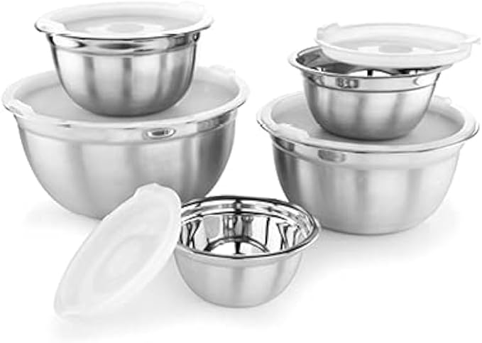 AVADOR Premium Stainless Steel Mixing Bowls with Lids, Set of 5 Brushed Stainless Steel Mixing Bowl Set, Easy To Clean, Space Saving, Great for Cooking, Baking, Prepping (0.25qt, 1qt, 1.5qt, 3qt, 5qt)