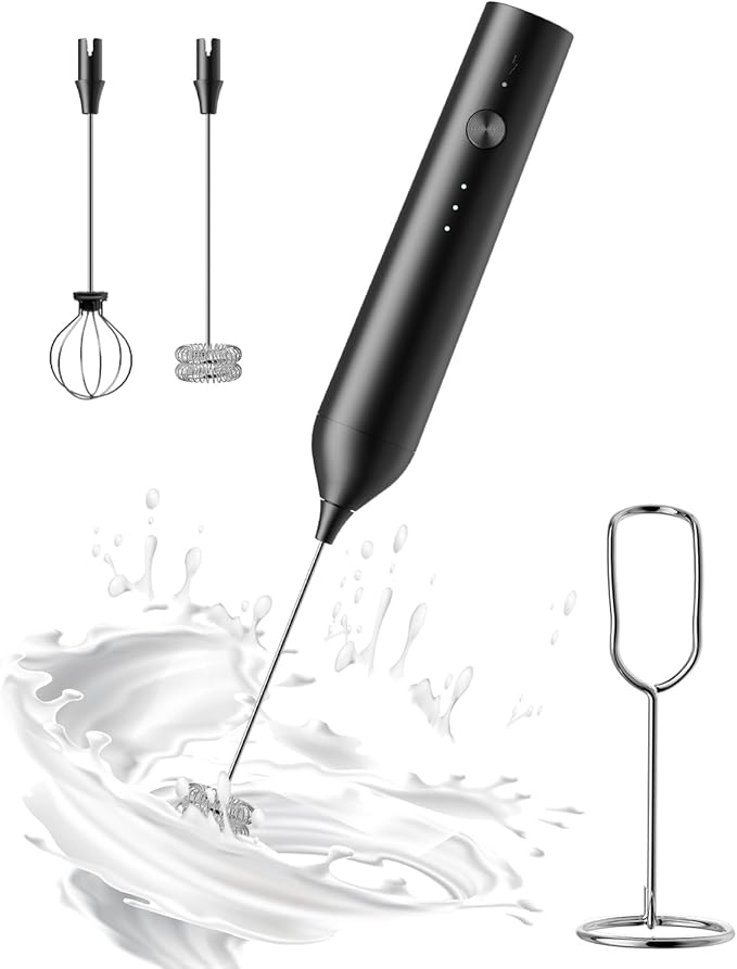 Rechargeable Milk Frother with Stand, Electric Frother Wand Handheld Coffee Foam Maker Detachable Stainless Steel Whisk Drink Mixer Foamer for Latte, Cappuccino, Hot Chocolate, Egg (Black)