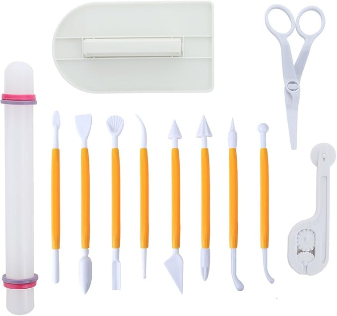 Marshmallow Fondant Cake Decorating Hand Tool 12 Pcs 5 Sets Sugar craft Gum paste Icing Smoother Rolling Pin Trimmer Cutter Embosser Flower Scissor Modelling Accessories Supplies Kit Yellow
