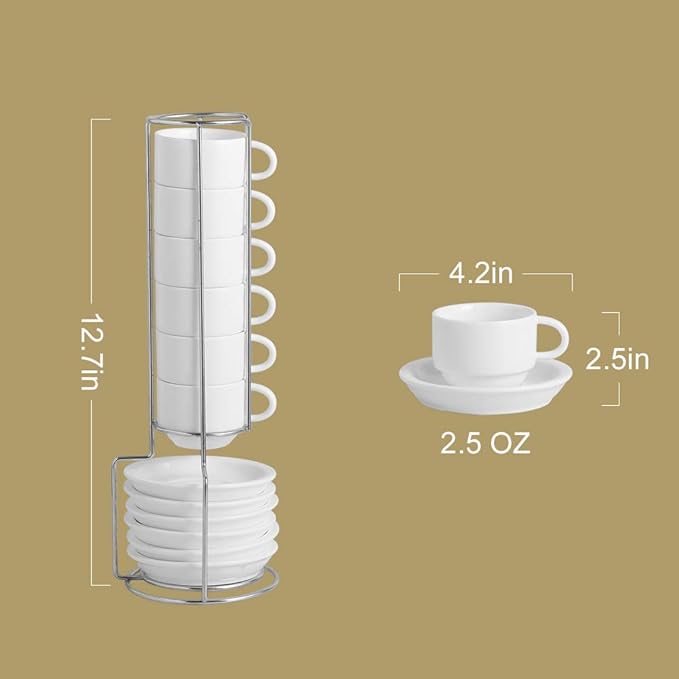 Sweejar Porcelain Espresso Cup & Saucer Set, Stackable Demitasse Cups with Metal Stand, 2.5 OZ for Latte,Coffee,Cafe Mocha,Tea, Set of 6(White)