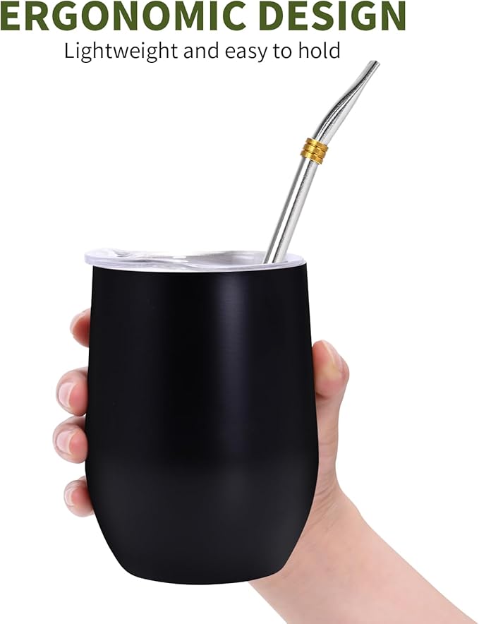 Yerba Mate Cup with Lid, 2 Bombillas, Cleaning Brush, 11.8oz Stainless Steel Double-Wall Insulated Gourd (Black)