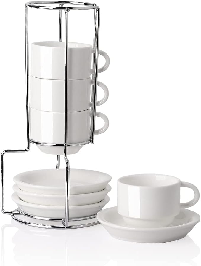 Sweejar Porcelain Espresso Cups with Saucers, 2.5 Ounce Stackable Cappuccino Cups with Metal Stand for Coffee Drinks, Latte, Tea - Set of 4 (White)