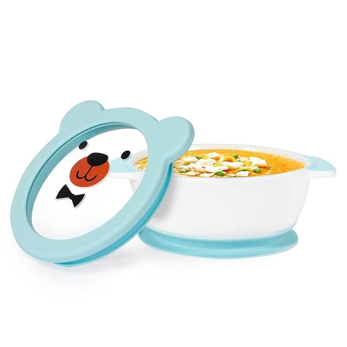 MR. CHOU Ceramic Baby Bowls with Suction Base, Infant Led Weaning Supplies with BPA Free Airtight Lid & Handles for Babies Self-feeding, 100% Food Grade Kid Bowls, Microwave & Dishwasher Safe, Blue