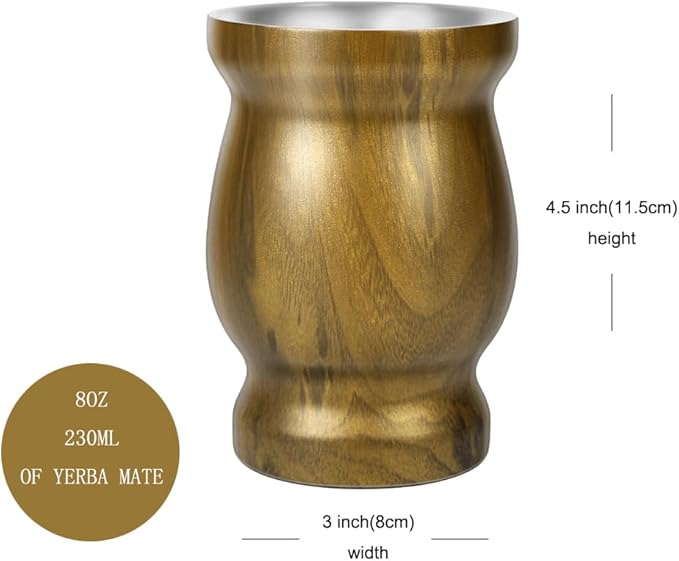 Beruth Bombilla Yerba Mate Gourd, 8oz Stainless Steel Tea Cup Set with a Multifunctional Lid, Two Straws and Cleaning Brushes, Double Walled Coffee Mug Heat Insulation Anti Scalding BR2301 (Brown)