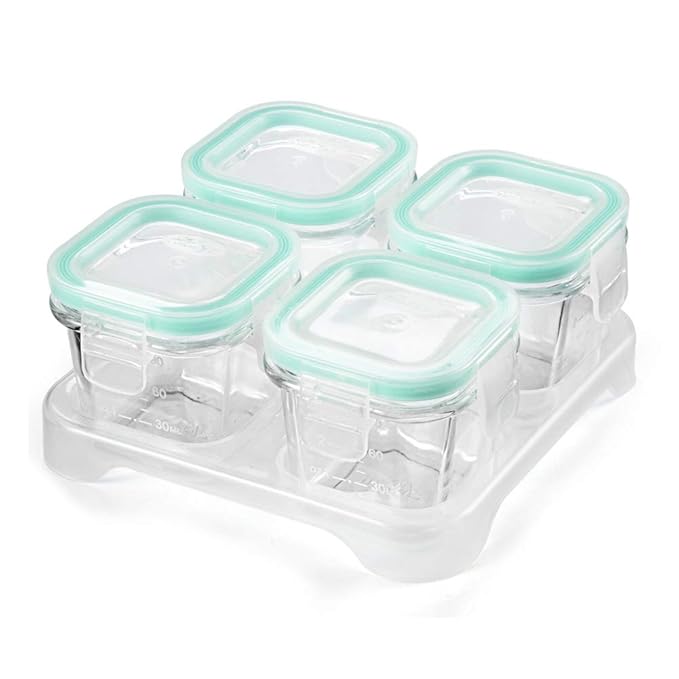 Matyz 4-Pack Glass Baby Food Containers with Airtight Lids and Stackable Tray (Mint Green, 3 OZ Each) - Glass Food Containers Freezer Safe for Baby Toddler - Stackable Baby Food Containers Glass