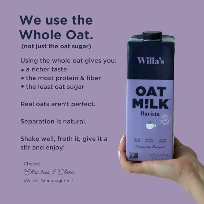Willa's Organic Barista Oat Milk - Barista Blend Unsweetened Oatmilk and Creamer, Non-GMO, Shelf Stable, Low Sugar, Non-Dairy Milk, Made from Whole Grain Oats, For Foams and Froth, 32oz, Pack of 1