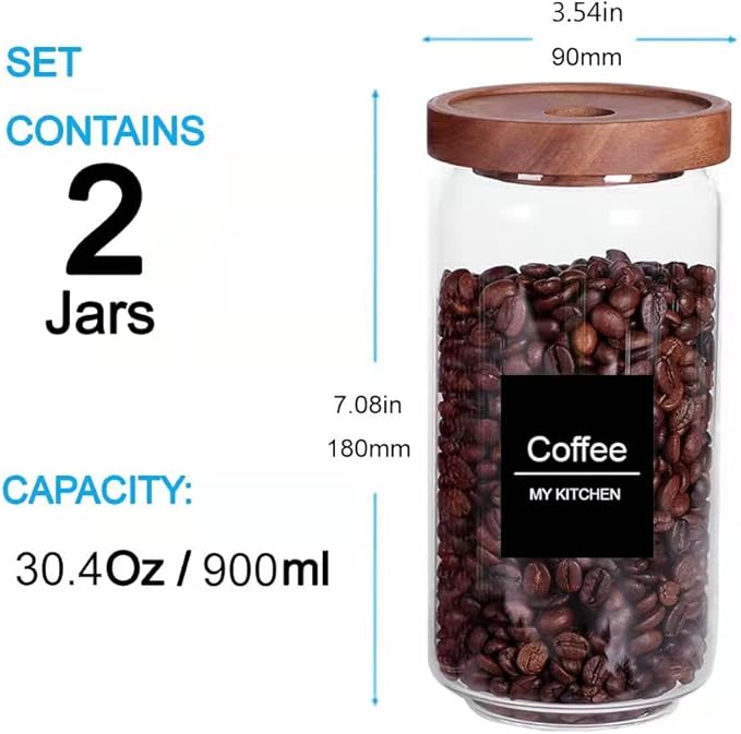 SAIOOL Home Borosilicate Glass Kitchen jars/Canisters with Acacia Wood Airtight Lid Set-2 Pack 30Oz/900ml,Minimalist Preprinted Farmhouse Style. White Matte Sticker Black Text.