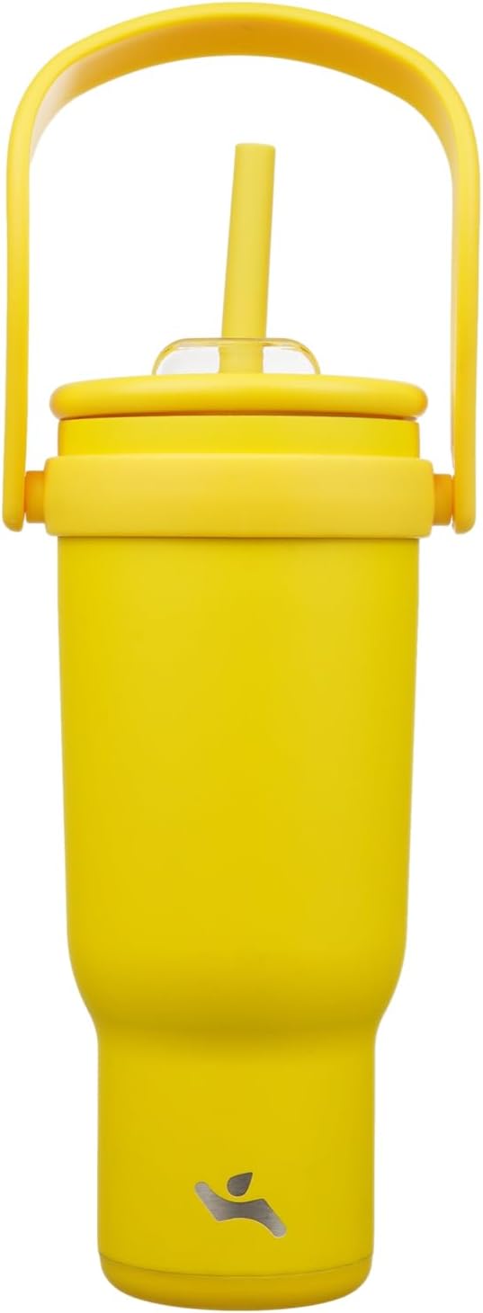 40 oz Tumbler with Side Handle, Insulated Water Bottle with Straw and 2 in 1 Lid, Stainless Steel Cup Travel Coffee Mug for Sports Office Gym,Yellow