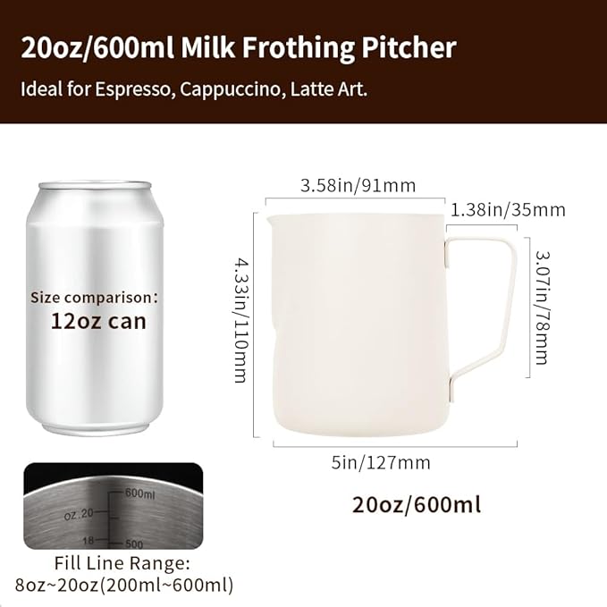 watchget Milk Frothing Pitcher 20oz/600ml - Stainless Steel Espresso Steaming Pitcher for Cappuccino & Latte Art, Creamy White