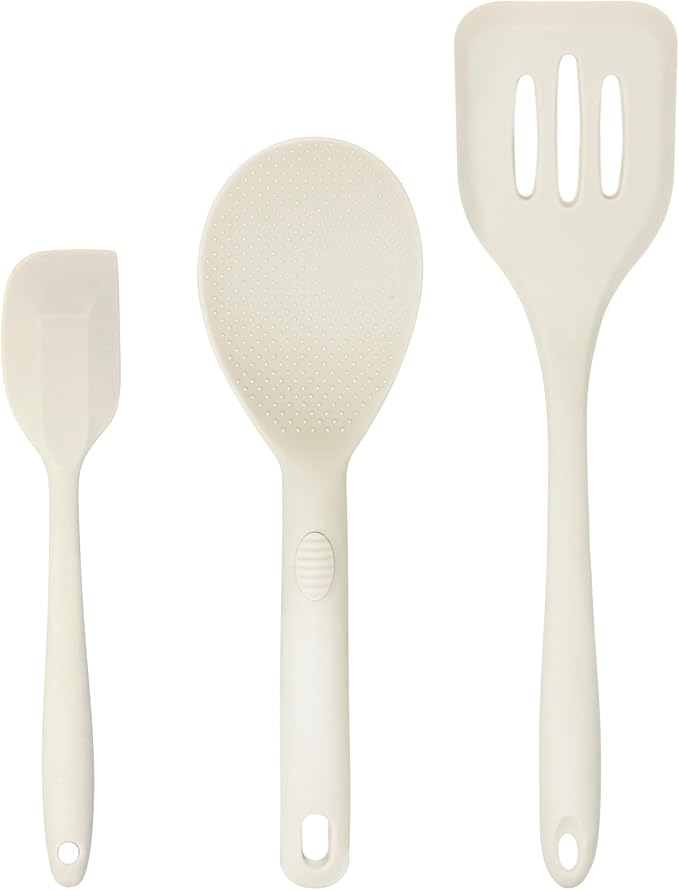 Silicone Utensils 3-Piece Set – Rubber Spatula, Slotted Turner, and Rice Paddle – Complete Heat-Resistant Set for Non-Stick Cookware – Kitchen Tools and Accessories for Cooking & Baking – Cream