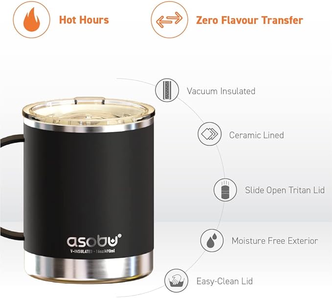 asobu Ultimate Ceramic Travel Mug, 12oz Insulated Stainless Steel Coffee Cup with Handle & Splash-Resistant Lid, Ceramic Lined for Pure Taste, BPA-Free, Double-Wall Vacuum for Hot Drinks