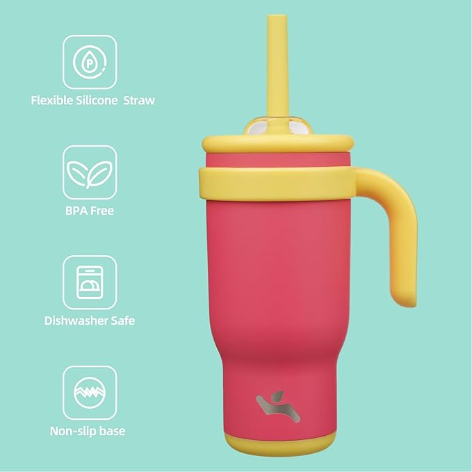 18 oz Tumbler with Side Handle, Insulated Water Bottle with Straw and 2 in 1 Lid, Stainless Steel Cup Travel Coffee Mug for Sports Office Gym,Rose Pink