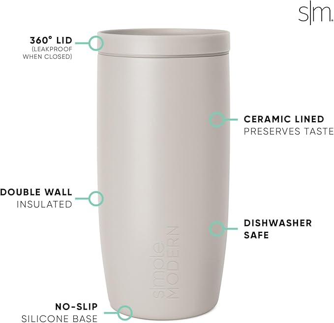 Simple Modern Voyager Signature | 16oz Travel Coffee Mug Tumbler with 360° Lid | Gifts for Women Men | Ceramic-Lined Insulated Stainless Steel Cold Brew Iced Coffee Cup | Spruce