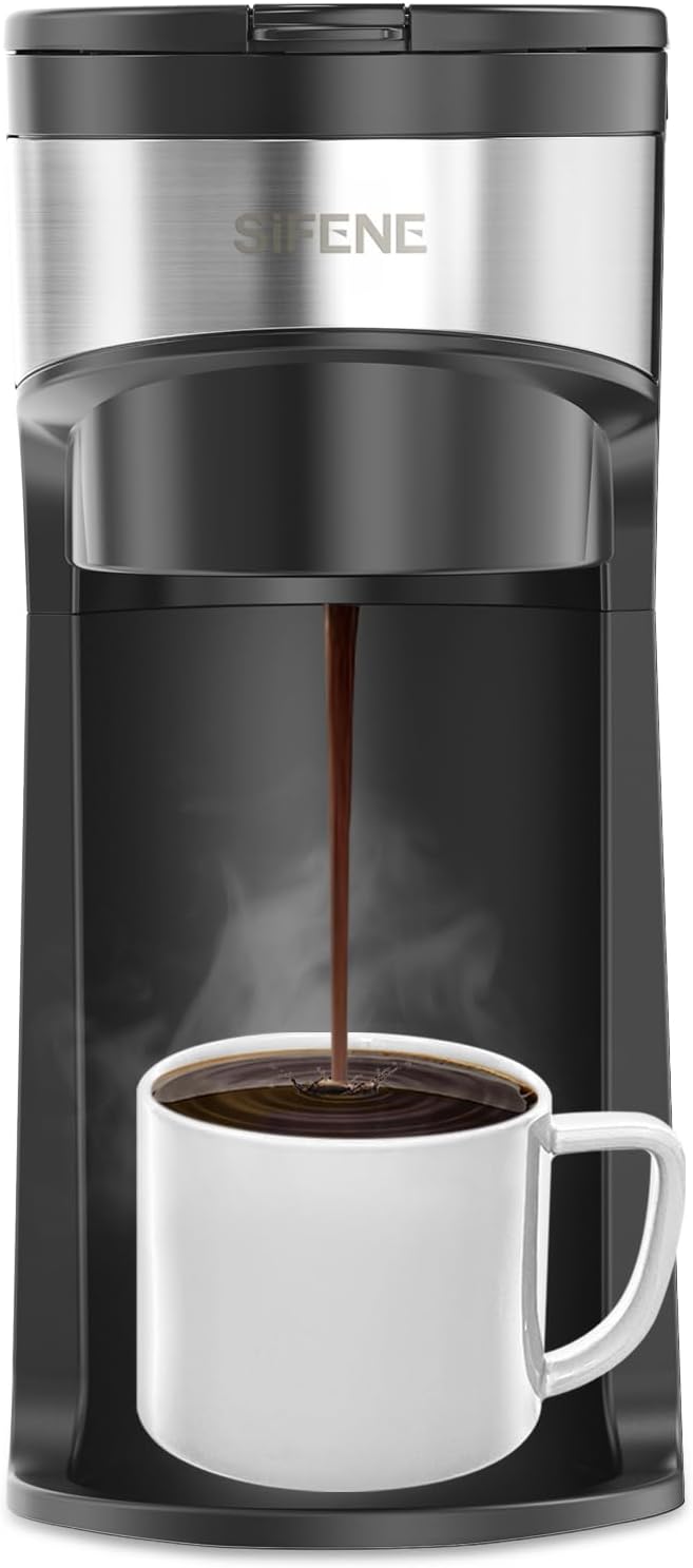 SIFENE Mini Coffee Maker Single Serve Instant Coffee Brewer, One Cup for K Pod & Ground Coffee, Capsule Coffee Machine with Water Window and Descaling Reminder (Black)