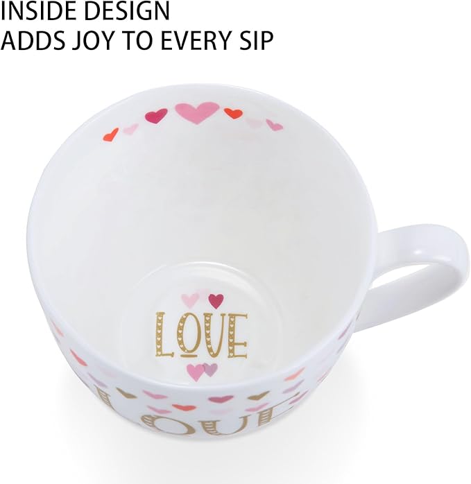 LOVE Mug with Hearts for Daily Coffee and Tea, Premium 20 oz Bone China Coffee Tea Hug Mug, Perfect Holiday, Valentine’s, and Birthday Gift for Loved Ones, Designed in England by Harvest Green Studio