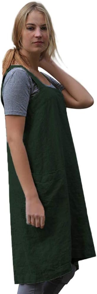 Women's Pinafore Square Apron Baking Cooking Gardening Works Cross Back Cotton/Linen Blend Dress with 2 Pockets
