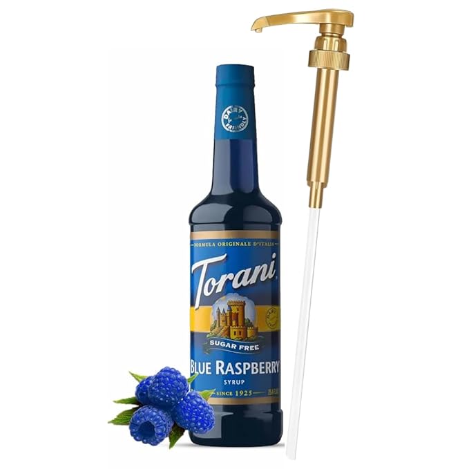 Jimoco® Syrup Pump Dispenser + Torani® Sugar Free Blue Raspberry Syrup, 25.4 oz - Coffee Syrup Pump & Flavoring Bundle