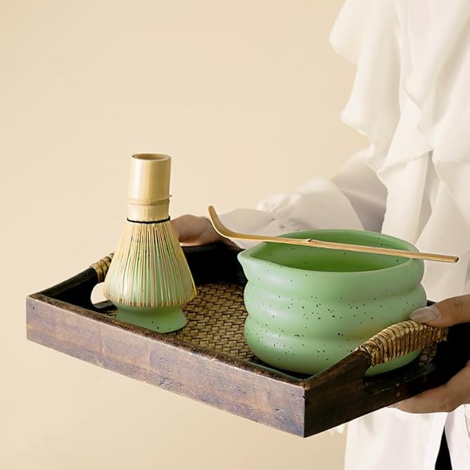 4pcs green ceramic matcha bowl with black speckles, perfect for matcha green tea, coffee, or as part of a matcha kit with whisk, sifter, and glass straws