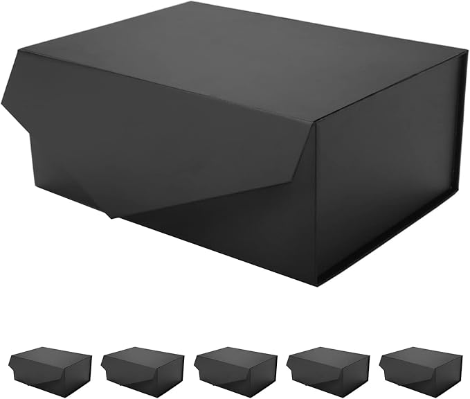 6 Black Gift Boxes with Lids for Presents, Magnetic Closure Rectangle Collapsible Gift Boxes, Groomsman Proposal Boxes, Wedding, Birthday Gift Packaging (9x6.5x3.8 Inches)