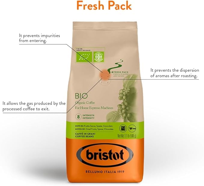 Bristot Bio Organic Italian Espresso Beans | Italian Whole Beans | Medium Roast | 1.1lb/500g (Pack of 2)