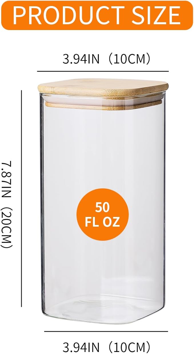 Glass Food Storage Containers with Lids, 50 Oz High Borosilicate Glass Jars for Coffee Bean, Candy, Cookie, Flour, Square