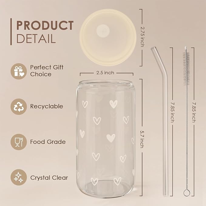 Heart 16oz Can Glass Tumbler with Acrylic Lid & Straw, Iced Coffee Cup for Women, Aesthetic Cups Gifts for Birthday Christmas Valentine