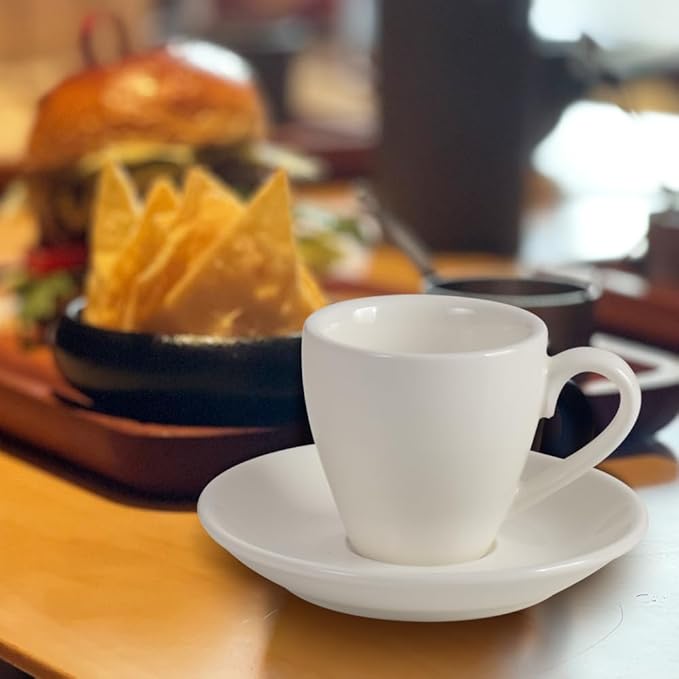 homEdge Porcelain Espresso Shot Cup Set with Saucers and Stainless Steel Spoons - 80 ml / 2.67 oz, Set of 4, White