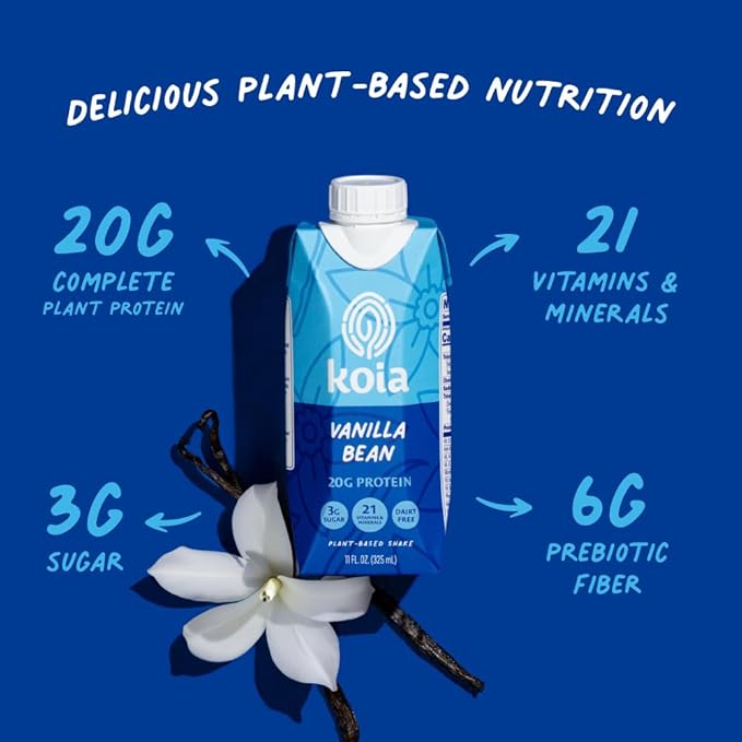 Koia Plant Based Protein Shake, Vanilla Bean, 20g Protein, 3g Sugar, 6g Prebiotic Fiber, 21 Vitamins & Minerals, Meal Replacement Drinks, Dairy-Free, Gluten-Free, Non-GMO, 11 Fl Oz (Pack of 12)