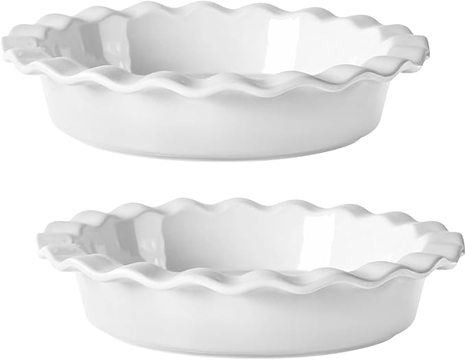 Homaisson Ceramic Pie Pans for Baking, 9.8 in Round Pie Dishes with Fluted Edges, Round Baking Dish, for Apple, Quiche, Pot Pies, Tart, Set of 2, White